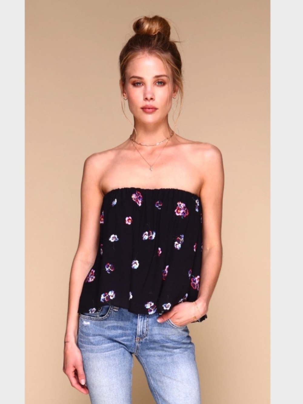 Merritt Charles Blossom Floral Tube Top in Black Flower—Floral Strapless Top